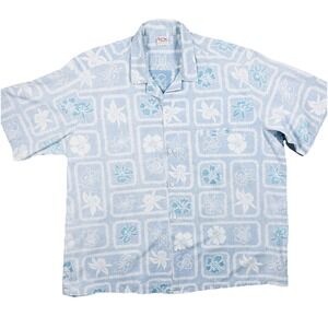 VTG‎ Barefoot In Paradise Hawaiian Camp Shirt Mens 2XL Blue Floral Hibiscus USA